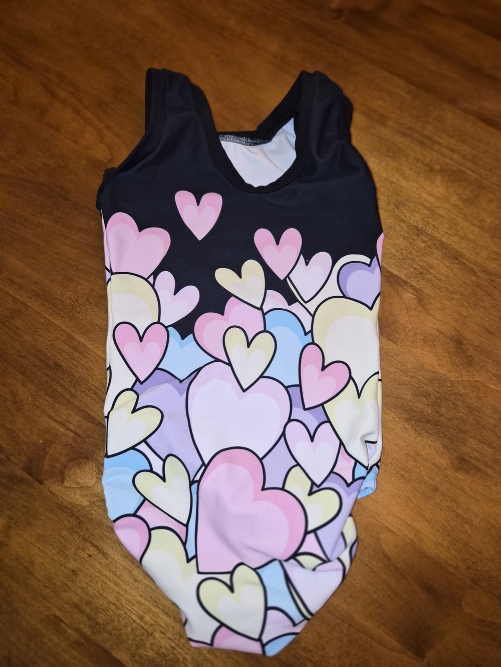 Heart Print One-Piece Gymnastics Leotard Pastel Hearts on Black Sz 6x-7 Small